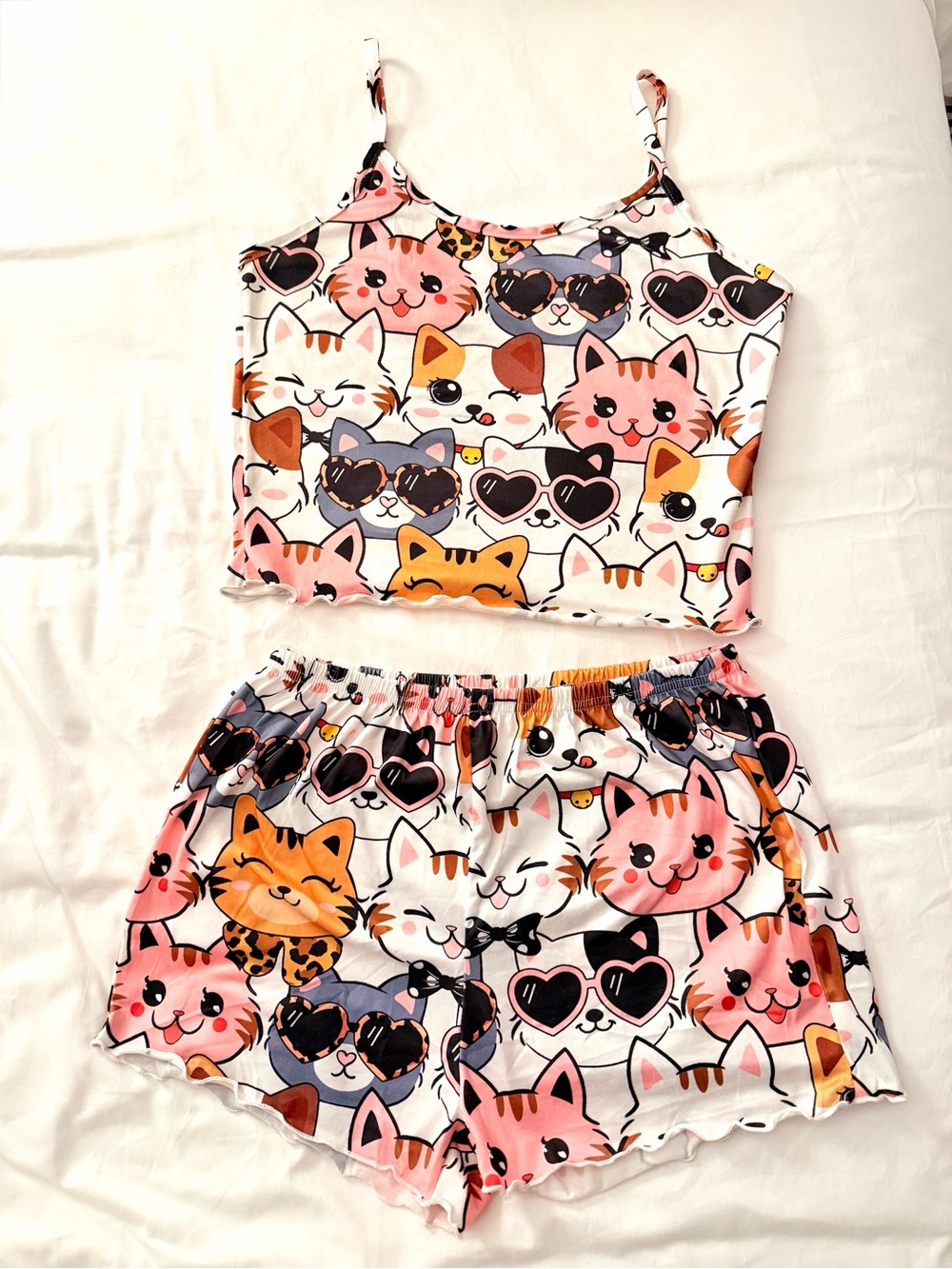 Cute Cat Print Spaghetti Strap Pajama Set - Pink, Orange, Black, White